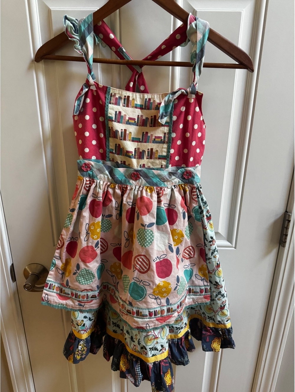 Matilda Jane Size 12 Girls Apron Dress Patchwork Back To School Books Apples